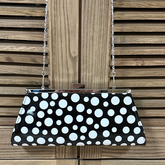 Neiman Marcus Black and White Polka Dot Clutch Evening Bag with Removable Strap - Picture 1 of 9